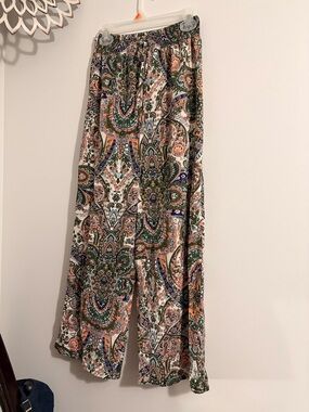 Paisley Print Wide-Leg Women’s Pants - Green & Peach